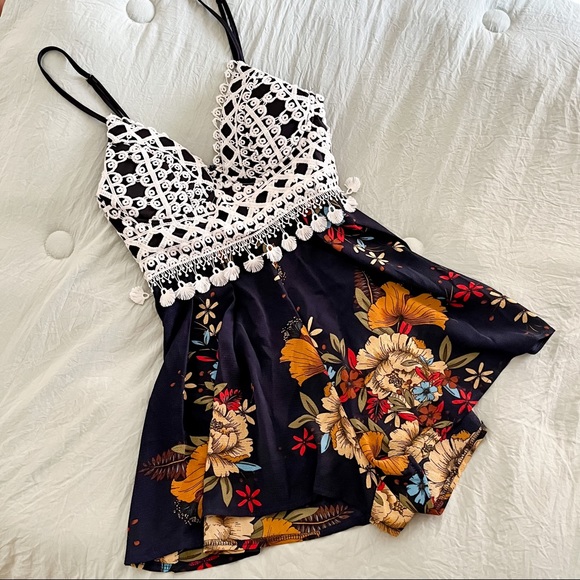 Navy Blue Floral Romper - Picture 1 of 2